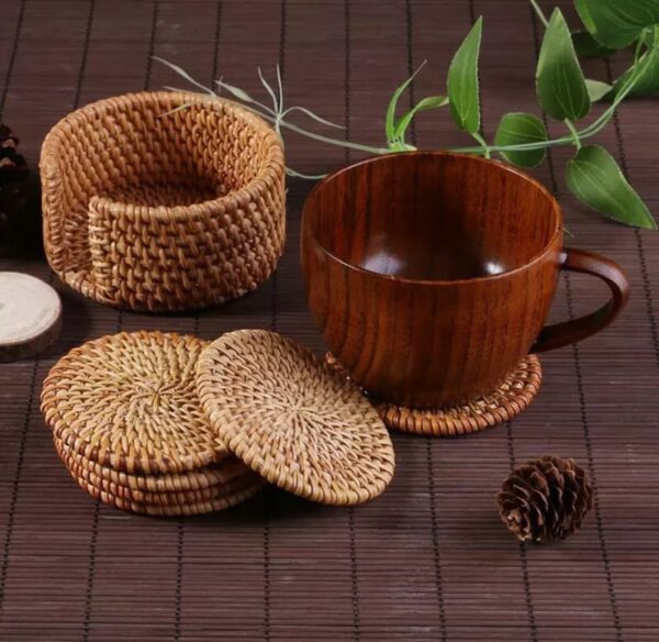 6 pc rattan coaster set with basket and tea cup