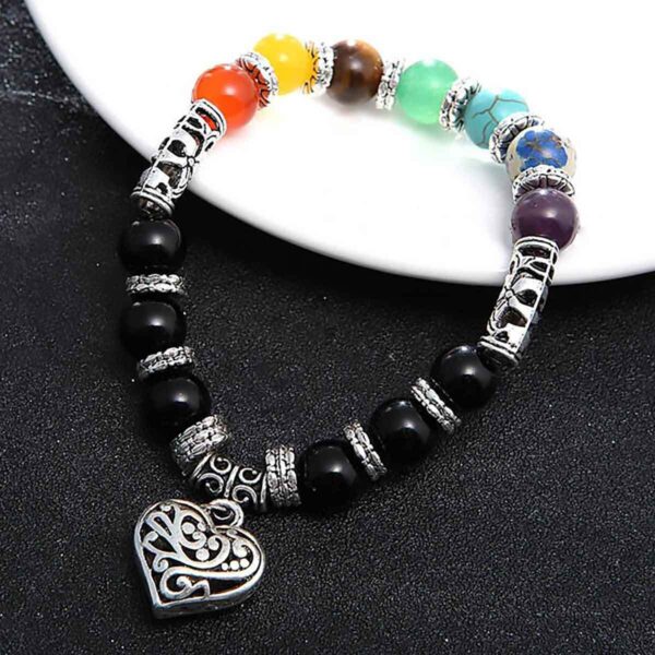 7 Chakra Heart Bracelet with silver love heart charm