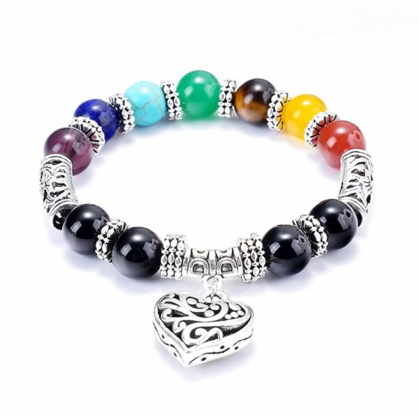 7 Chakra Heart Bracelet with silver love heart charm