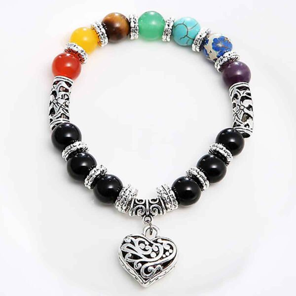 7 Chakra Heart Bracelet with silver love heart charm