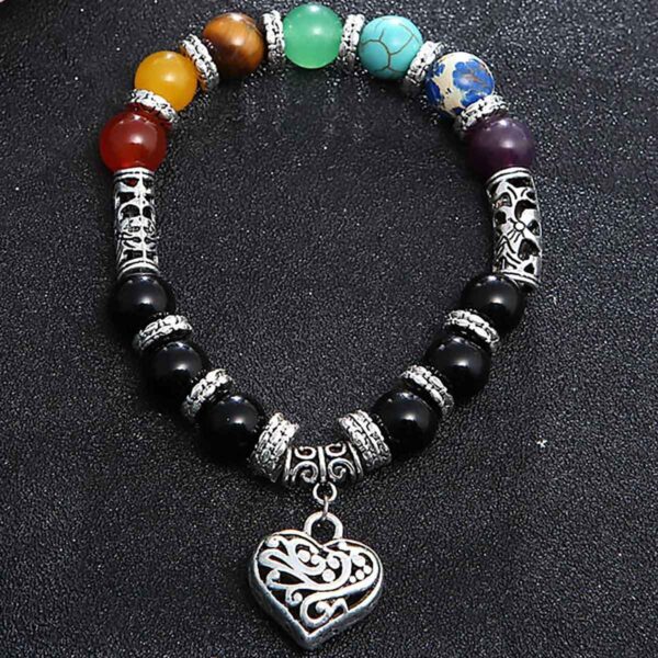 7 Chakra Heart Bracelet with silver love heart charm