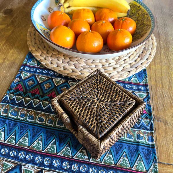 blue boho table runner with fruit bowl and coaster set