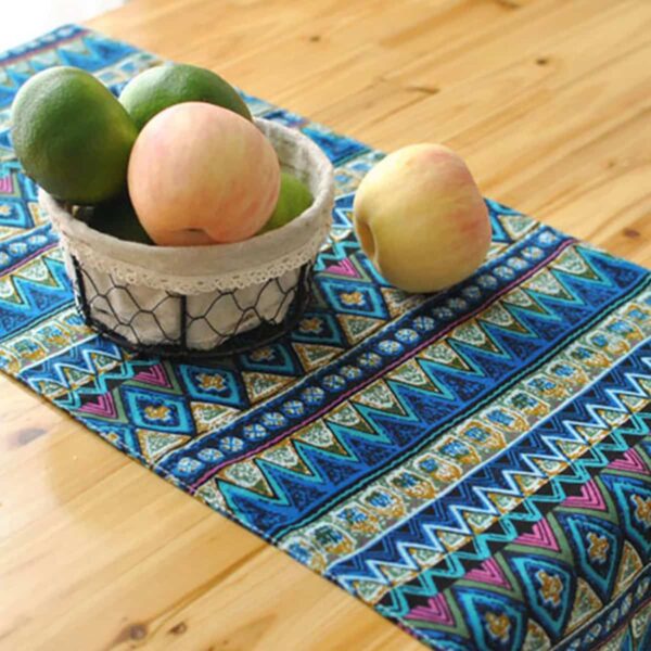 blue boho table runner with fruit bowl