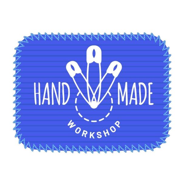 handmade workshop logo with safety pins blue
