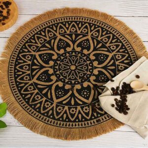 black natural jute fringed placemat mandala design